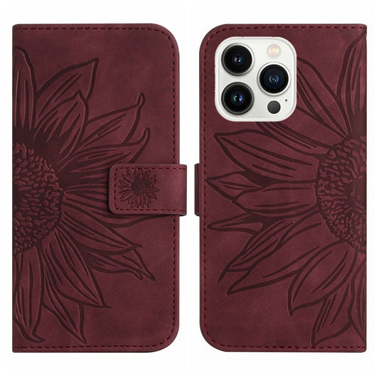 For iPhone 15 Pro Skin Feel Sun Flower Embossed Flip Leather Phone Case with Lanyard(Wine Red) by buy2fix