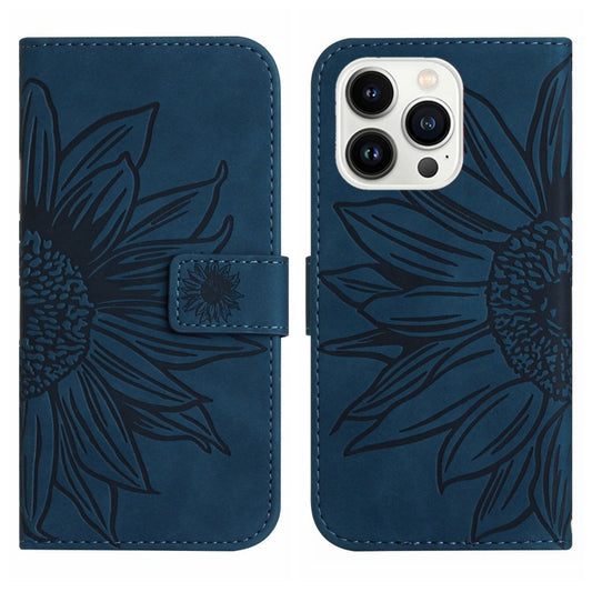 For iPhone 15 Pro Skin Feel Sun Flower Embossed Flip Leather Phone Case with Lanyard(Inky Blue) by buy2fix