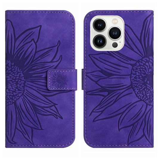 For iPhone 15 Pro Skin Feel Sun Flower Embossed Flip Leather Phone Case with Lanyard(Dark Purple) by buy2fix