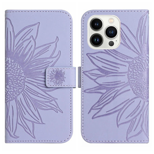 For iPhone 15 Pro Max Skin Feel Sun Flower Embossed Flip Leather Phone Case with Lanyard(Purple) by buy2fix
