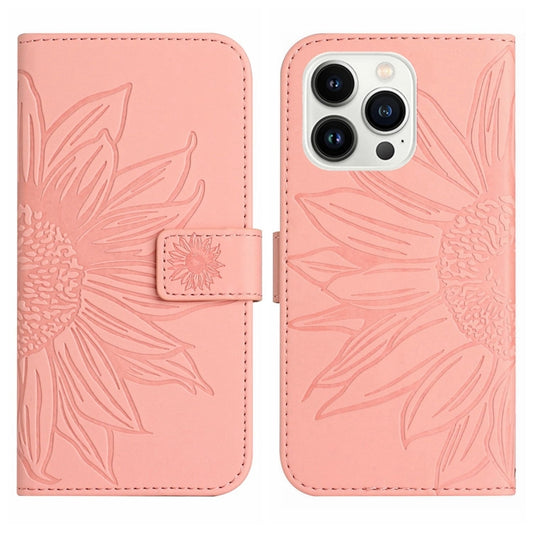 For iPhone 15 Pro Max Skin Feel Sun Flower Embossed Flip Leather Phone Case with Lanyard(Pink) by buy2fix