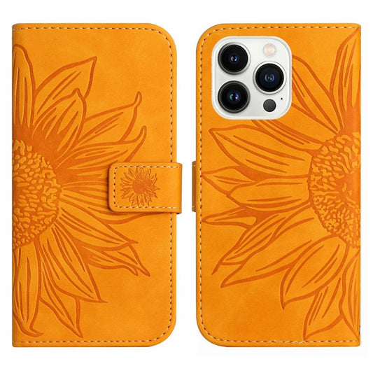 For iPhone 15 Pro Max Skin Feel Sun Flower Embossed Flip Leather Phone Case with Lanyard(Yellow) by buy2fix