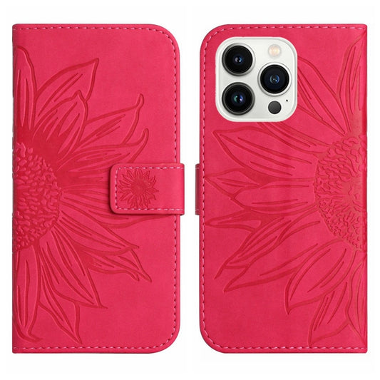 For iPhone 15 Pro Max Skin Feel Sun Flower Embossed Flip Leather Phone Case with Lanyard(Rose Red) by buy2fix