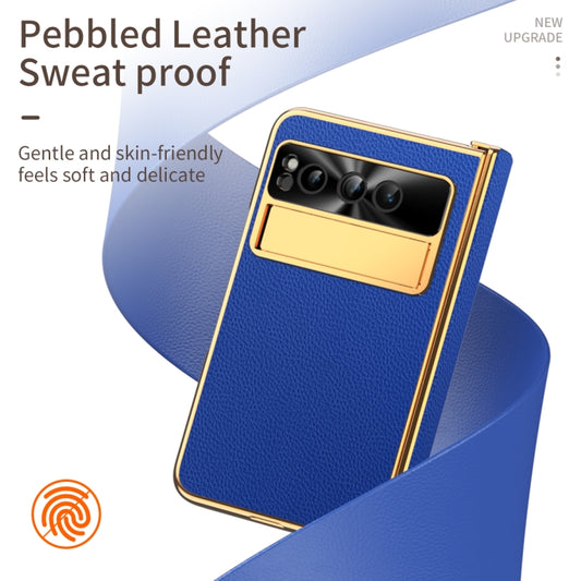 For Google Pixel Fold Litchi Pattern Electroplating Folding Phone Case with Hinge(Royal Blue) by buy2fix