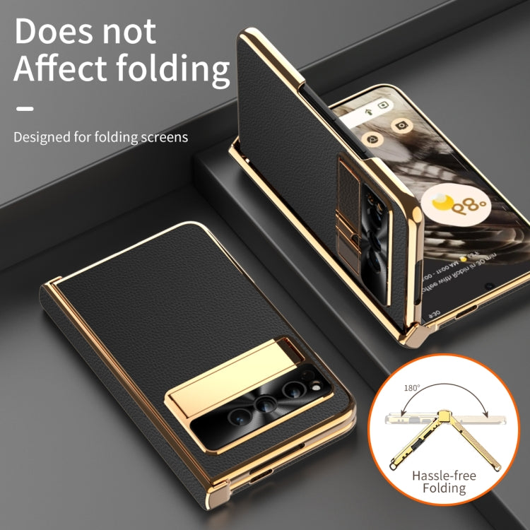 For Google Pixel Fold Litchi Pattern Electroplating Folding Phone Case with Hinge(Black) by buy2fix