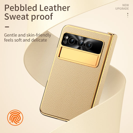 For Google Pixel Fold Litchi Pattern Electroplating Folding Phone Case with Hinge(Gold) by buy2fix