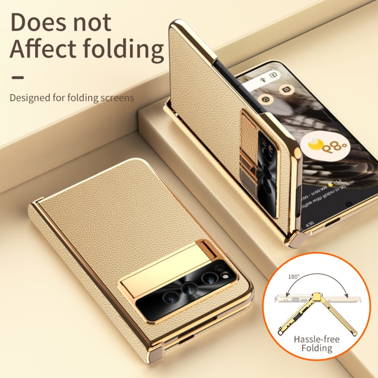For Google Pixel Fold Litchi Pattern Electroplating Folding Phone Case with Hinge(Gold) by buy2fix