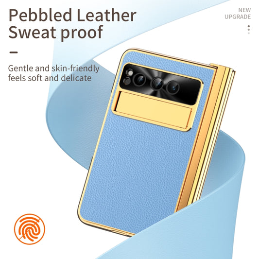 For Google Pixel Fold Litchi Pattern Electroplating Pen Slot Double Hinge Folding Phone Case with Stylus(Blue) by buy2fix