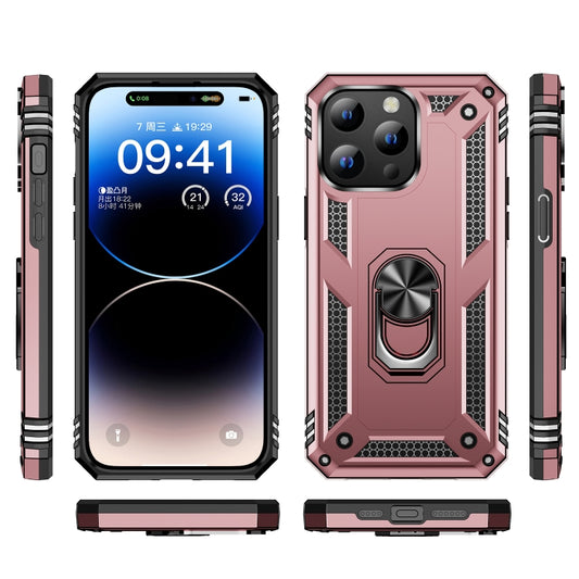 For iPhone 15 Shockproof TPU + PC Phone Case with Holder(Rose Gold) by buy2fix