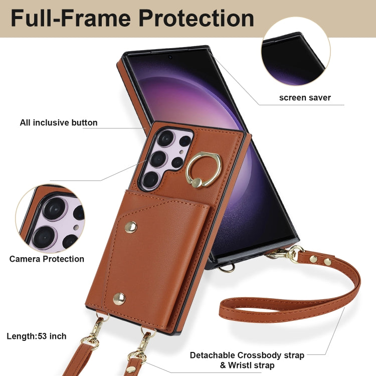 For Samsung Galaxy S23 Ultra 5G Zipper Card Bag Phone Case with Dual Lanyard(Brown) - Galaxy S23 Ultra 5G Cases by buy2fix | Online Shopping UK | buy2fix