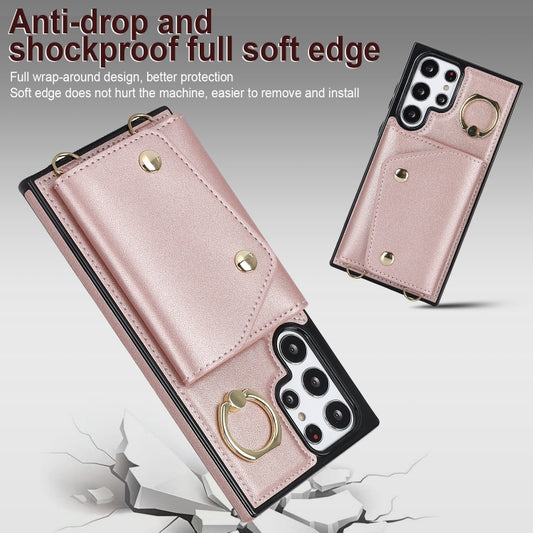 For Samsung Galaxy S22 Ultra 5G Zipper Card Bag Phone Case with Dual Lanyard(Rose Gold) by buy2fix
