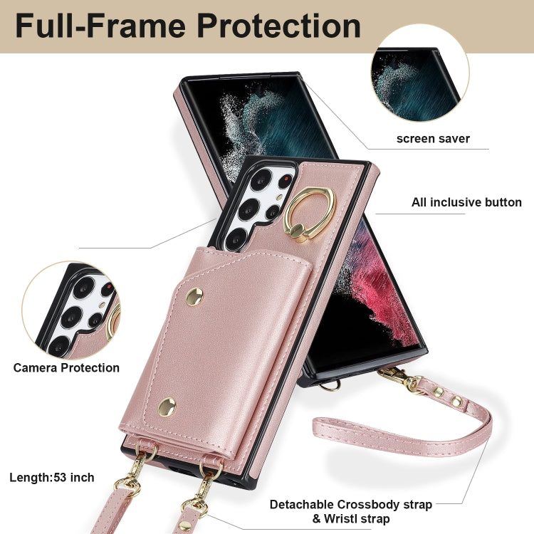 For Samsung Galaxy S22 Ultra 5G Zipper Card Bag Phone Case with Dual Lanyard(Rose Gold) - Galaxy S22 Ultra 5G Cases by buy2fix | Online Shopping UK | buy2fix