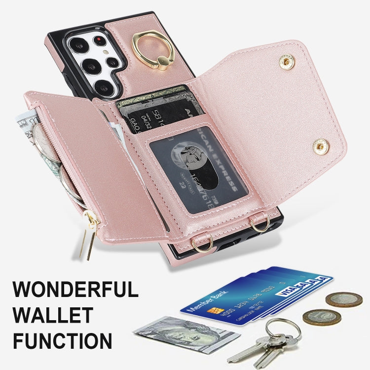 For Samsung Galaxy S22 Ultra 5G Zipper Card Bag Phone Case with Dual Lanyard(Rose Gold) - Galaxy S22 Ultra 5G Cases by buy2fix | Online Shopping UK | buy2fix