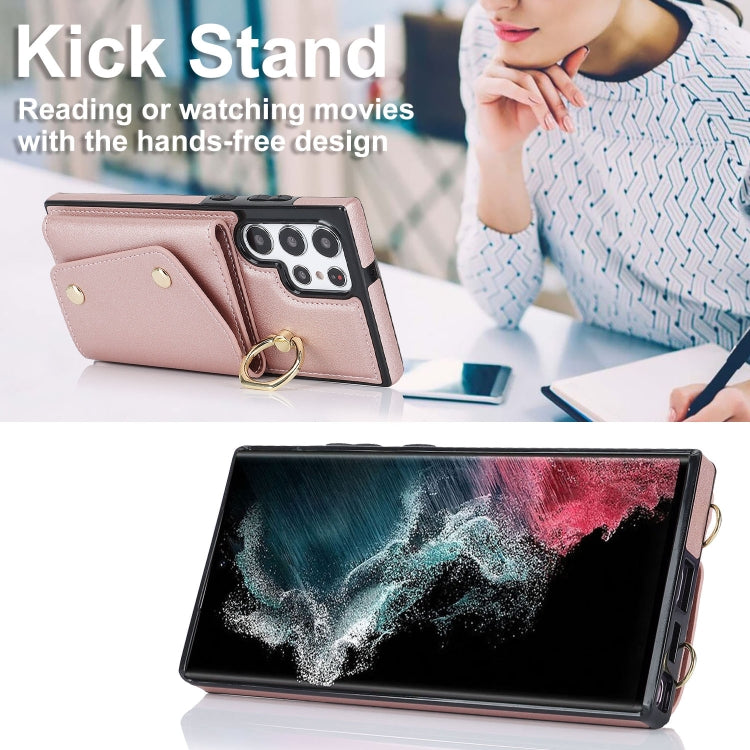 For Samsung Galaxy S22 Ultra 5G Zipper Card Bag Phone Case with Dual Lanyard(Rose Gold) - Galaxy S22 Ultra 5G Cases by buy2fix | Online Shopping UK | buy2fix