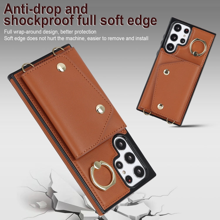 For Samsung Galaxy S22 Ultra 5G Zipper Card Bag Phone Case with Dual Lanyard(Brown) - Galaxy S22 Ultra 5G Cases by buy2fix | Online Shopping UK | buy2fix