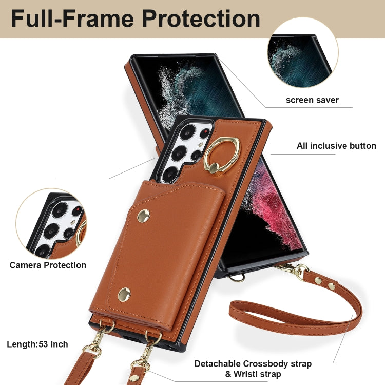 For Samsung Galaxy S22 Ultra 5G Zipper Card Bag Phone Case with Dual Lanyard(Brown) - Galaxy S22 Ultra 5G Cases by buy2fix | Online Shopping UK | buy2fix