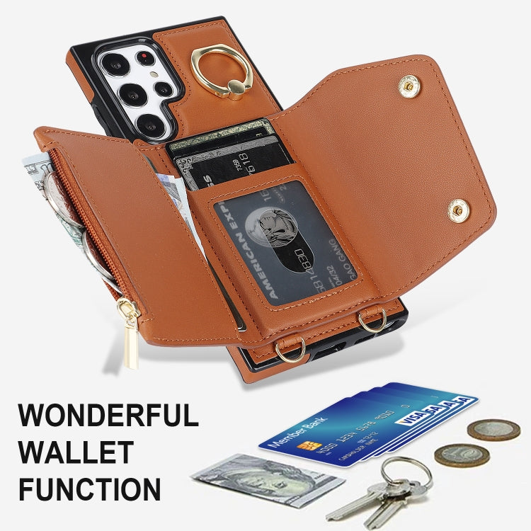 For Samsung Galaxy S22 Ultra 5G Zipper Card Bag Phone Case with Dual Lanyard(Brown) - Galaxy S22 Ultra 5G Cases by buy2fix | Online Shopping UK | buy2fix
