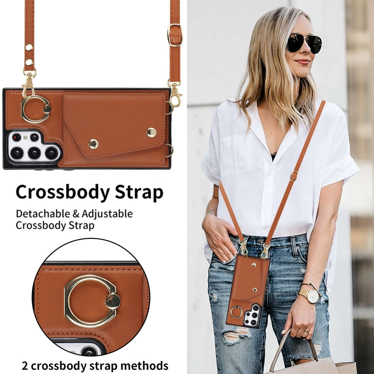 For Samsung Galaxy S22 Ultra 5G Zipper Card Bag Phone Case with Dual Lanyard(Brown) - Galaxy S22 Ultra 5G Cases by buy2fix | Online Shopping UK | buy2fix