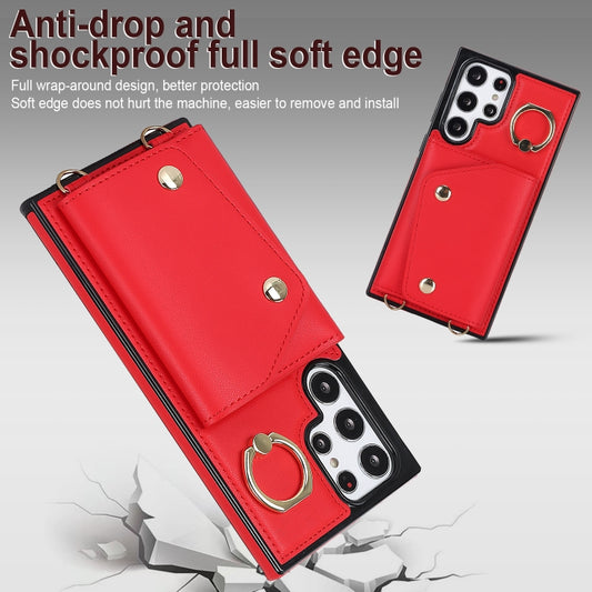 For Samsung Galaxy S22 Ultra 5G Zipper Card Bag Phone Case with Dual Lanyard(Red) by buy2fix