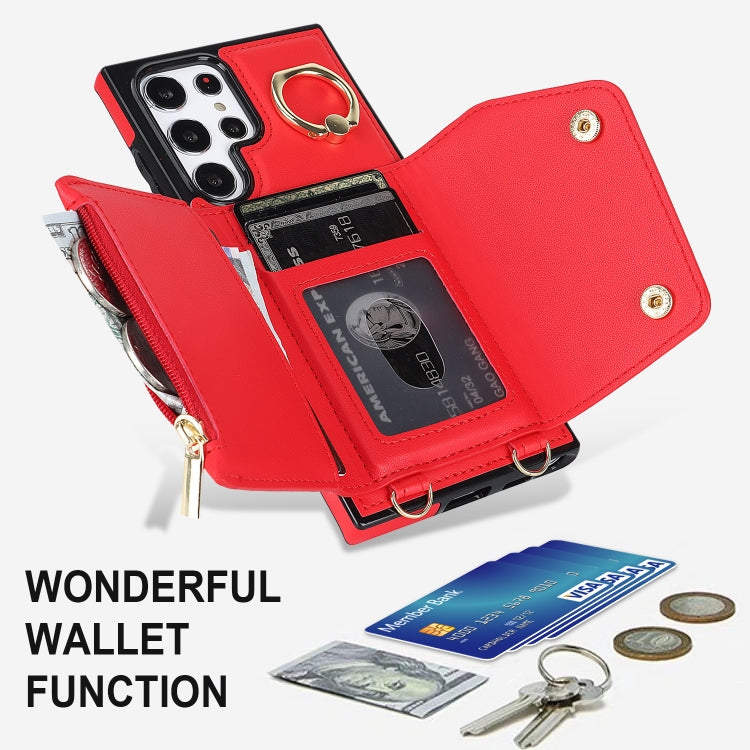 For Samsung Galaxy S22 Ultra 5G Zipper Card Bag Phone Case with Dual Lanyard(Red) - Galaxy S22 Ultra 5G Cases by buy2fix | Online Shopping UK | buy2fix