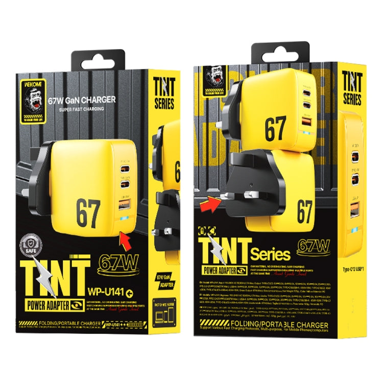 WK WP-U141 67W USB+Double USB-C / Type-C GaN Charger, Plug:UK Plug(Yellow) by WK