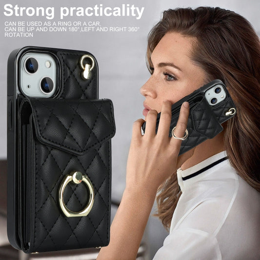 For iPhone 14 Plus Rhombic Texture Card Bag Phone Case with Long Lanyard(Black) by buy2fix