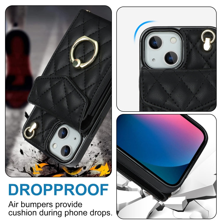 For iPhone 14 Plus Rhombic Texture Card Bag Phone Case with Long Lanyard(Black) - iPhone 14 Plus Cases by buy2fix | Online Shopping UK | buy2fix