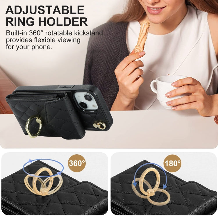 For iPhone 14 Plus Rhombic Texture Card Bag Phone Case with Long Lanyard(Black) - iPhone 14 Plus Cases by buy2fix | Online Shopping UK | buy2fix