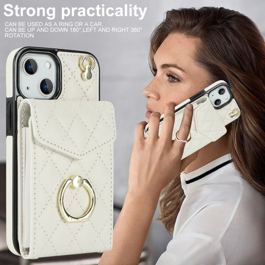 For iPhone 14 Plus Rhombic Texture Card Bag Phone Case with Long Lanyard(White) - iPhone 14 Plus Cases by buy2fix | Online Shopping UK | buy2fix