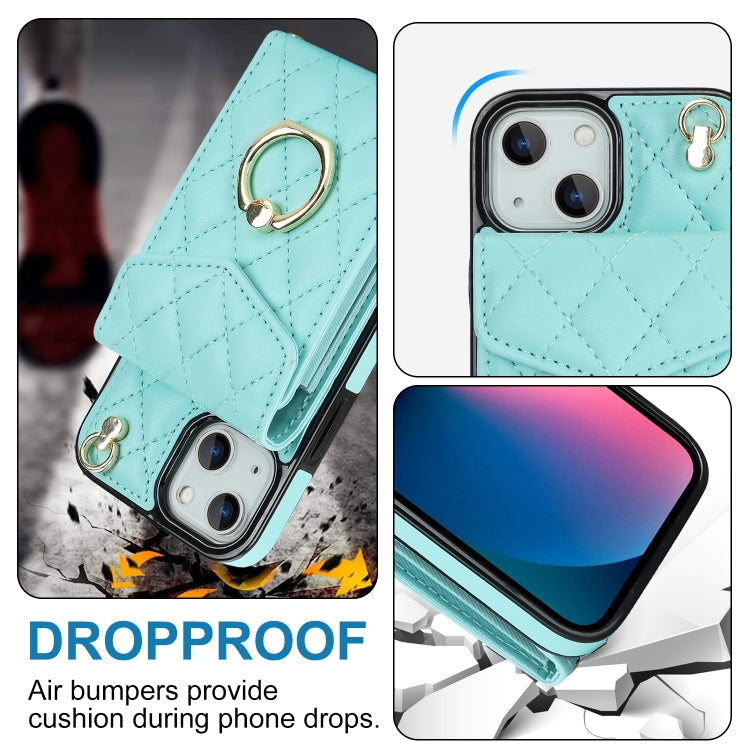 For iPhone 14 Plus Rhombic Texture Card Bag Phone Case with Long Lanyard(Mint Green) - iPhone 14 Plus Cases by buy2fix | Online Shopping UK | buy2fix