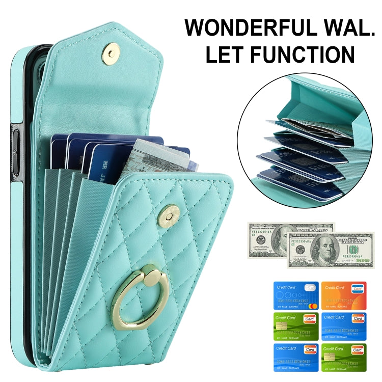 For iPhone 14 Plus Rhombic Texture Card Bag Phone Case with Long Lanyard(Mint Green) - iPhone 14 Plus Cases by buy2fix | Online Shopping UK | buy2fix