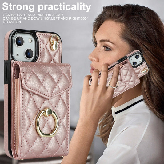 For iPhone 14 Plus Rhombic Texture Card Bag Phone Case with Long Lanyard(Rose Gold) - iPhone 14 Plus Cases by buy2fix | Online Shopping UK | buy2fix