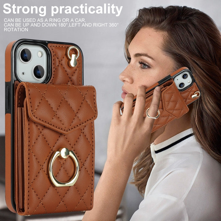 For iPhone 14 Plus Rhombic Texture Card Bag Phone Case with Long Lanyard(Brown) - iPhone 14 Plus Cases by buy2fix | Online Shopping UK | buy2fix