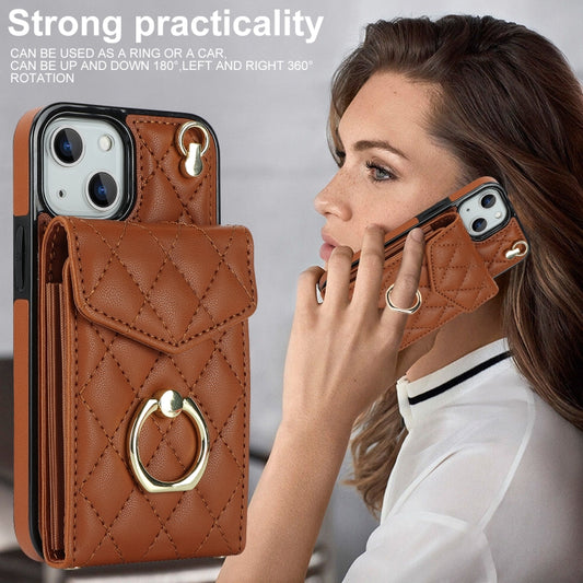 For iPhone 14 Plus Rhombic Texture Card Bag Phone Case with Long Lanyard(Brown) by buy2fix