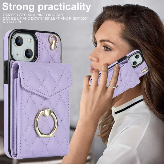 For iPhone 14 Plus Rhombic Texture Card Bag Phone Case with Long Lanyard(Light Purple) by buy2fix