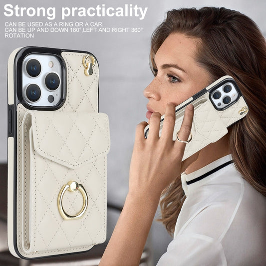 For iPhone 14 Pro Max Rhombic Texture Card Bag Phone Case with Long Lanyard(White) - iPhone 14 Pro Max Cases by buy2fix | Online Shopping UK | buy2fix