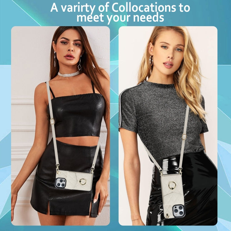 For iPhone 14 Pro Max Rhombic Texture Card Bag Phone Case with Long Lanyard(White) by buy2fix