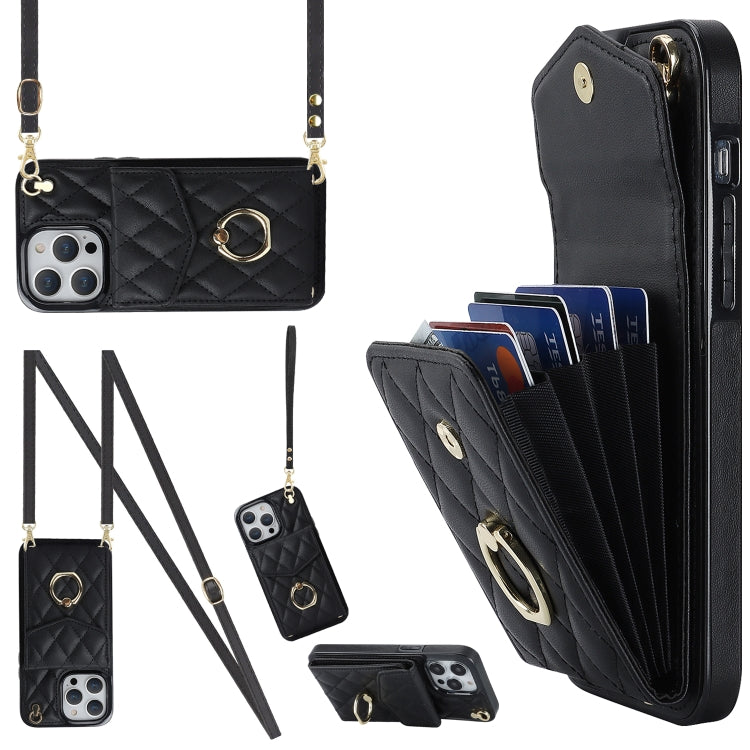 For iPhone 12 Pro Max Rhombic Texture Card Bag Phone Case with Long Lanyard(Black) - iPhone 12 Pro Max Cases by buy2fix | Online Shopping UK | buy2fix