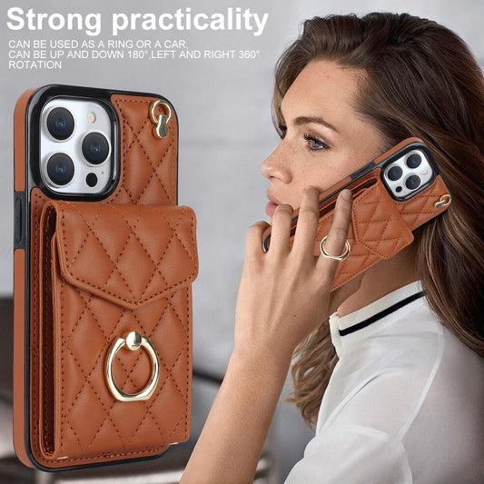 For iPhone 12 Pro Max Rhombic Texture Card Bag Phone Case with Long Lanyard(Brown) by buy2fix