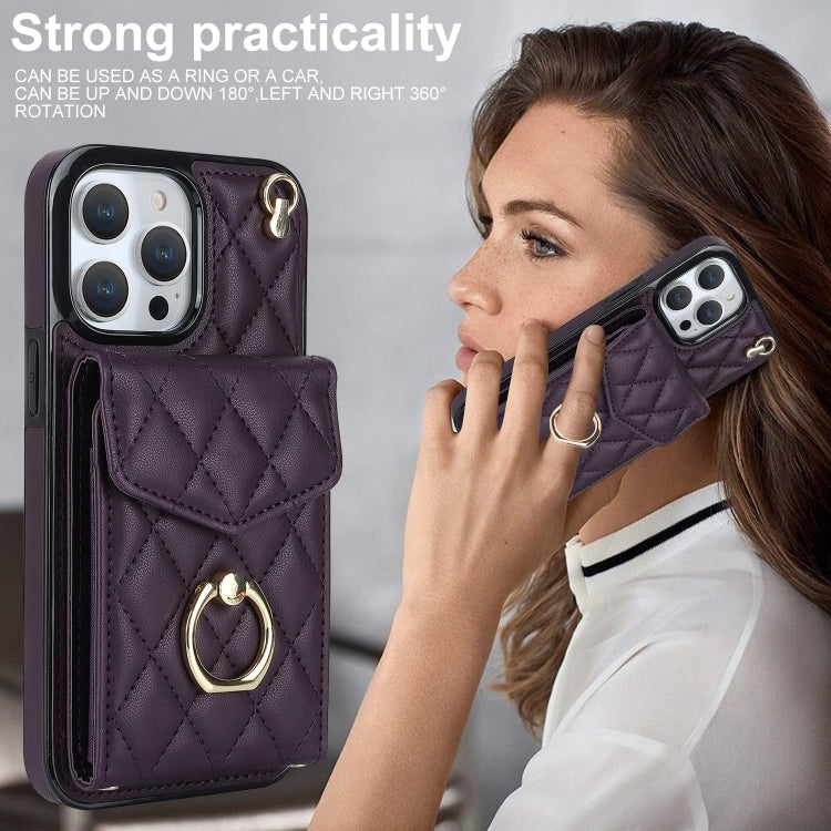 For iPhone 12 Pro Max Rhombic Texture Card Bag Phone Case with Long Lanyard(Dark Purple) - iPhone 12 Pro Max Cases by buy2fix | Online Shopping UK | buy2fix