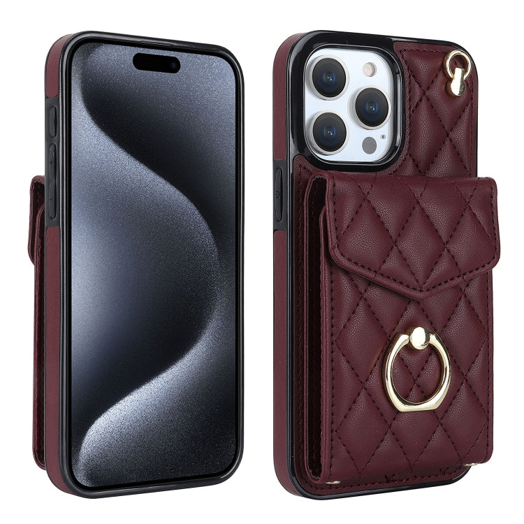 For iPhone 15 Pro Rhombic Texture Card Bag Phone Case with Long Lanyard(Wine Red) - iPhone 15 Pro Cases by buy2fix | Online Shopping UK | buy2fix