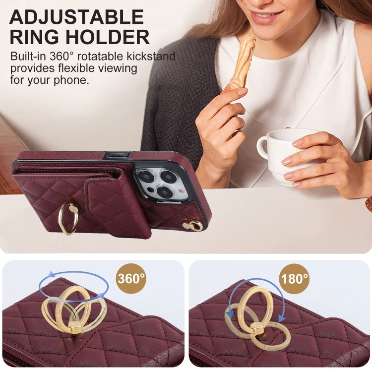 For iPhone 15 Pro Rhombic Texture Card Bag Phone Case with Long Lanyard(Wine Red) - iPhone 15 Pro Cases by buy2fix | Online Shopping UK | buy2fix