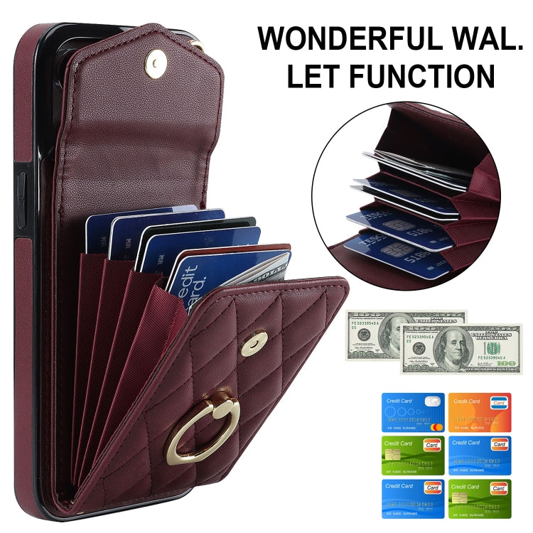 For iPhone 15 Pro Rhombic Texture Card Bag Phone Case with Long Lanyard(Wine Red) - iPhone 15 Pro Cases by buy2fix | Online Shopping UK | buy2fix