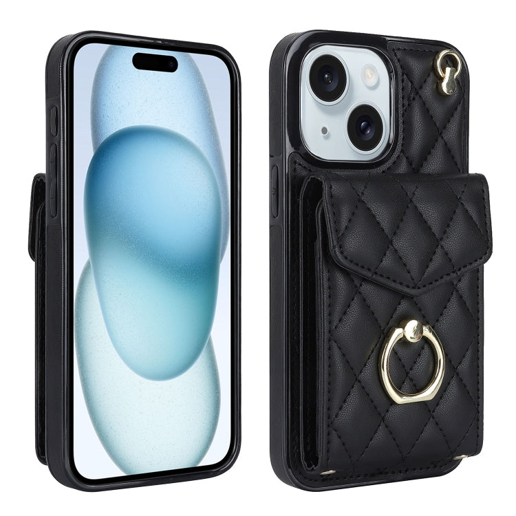 For iPhone 15 Rhombic Texture Card Bag Phone Case with Long Lanyard(Black) - iPhone 15 Cases by buy2fix | Online Shopping UK | buy2fix