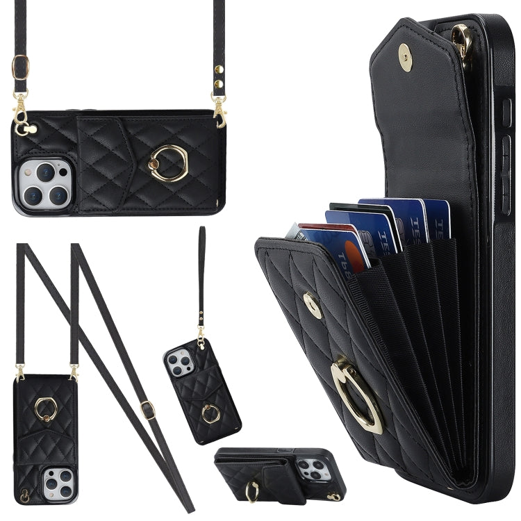 For iPhone 15 Rhombic Texture Card Bag Phone Case with Long Lanyard(Black) - iPhone 15 Cases by buy2fix | Online Shopping UK | buy2fix