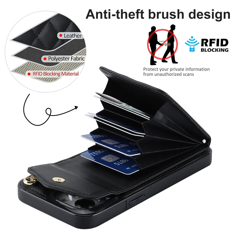 For iPhone 15 Rhombic Texture Card Bag Phone Case with Long Lanyard(Black) - iPhone 15 Cases by buy2fix | Online Shopping UK | buy2fix