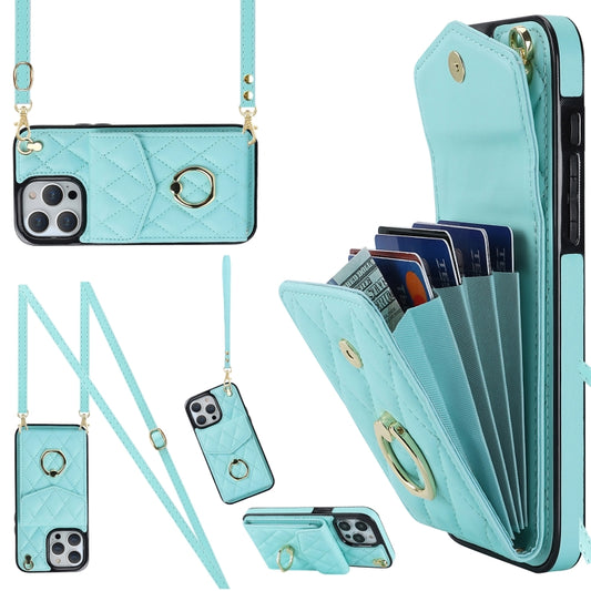 For iPhone 15 Rhombic Texture Card Bag Phone Case with Long Lanyard(Mint Green) by buy2fix