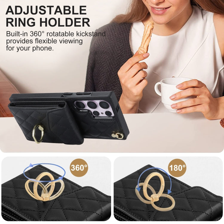 For Samsung Galaxy S23 Ultra 5G Rhombic Texture Card Bag Phone Case with Long Lanyard(Black) - Galaxy S23 Ultra 5G Cases by buy2fix | Online Shopping UK | buy2fix