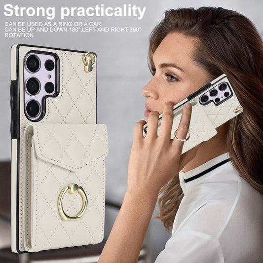 For Samsung Galaxy S23 Ultra 5G Rhombic Texture Card Bag Phone Case with Long Lanyard(White) by buy2fix