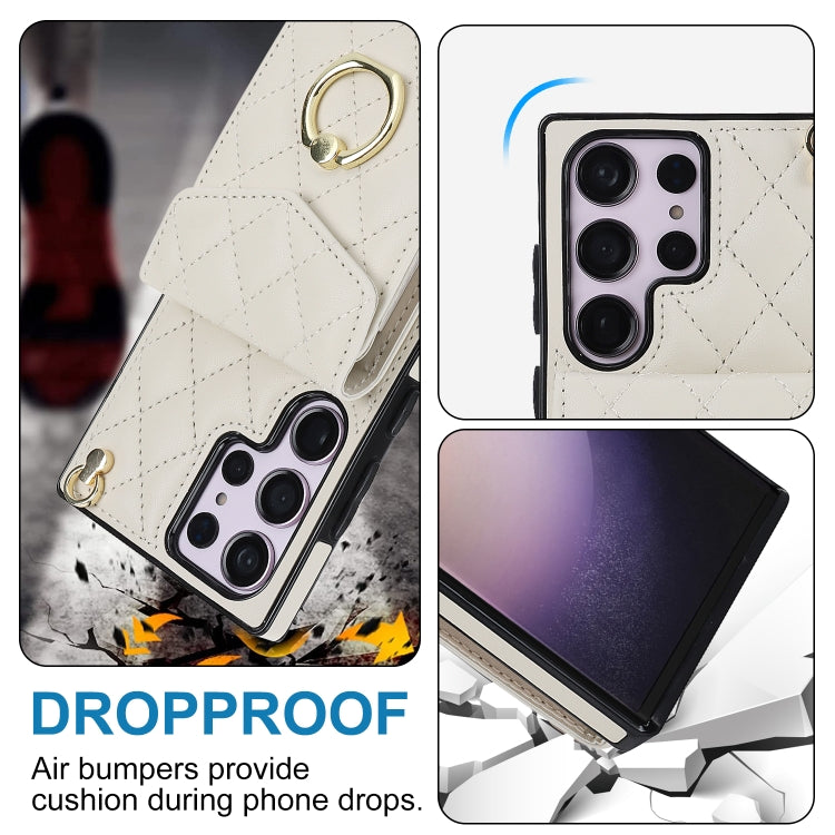 For Samsung Galaxy S23 Ultra 5G Rhombic Texture Card Bag Phone Case with Long Lanyard(White) - Galaxy S23 Ultra 5G Cases by buy2fix | Online Shopping UK | buy2fix
